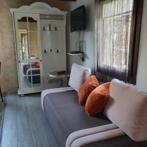 ein Wohnzimmer mit einem Sofa und einem Spiegel in der Unterkunft Casa Tiron(Pai) in Gura Humorului