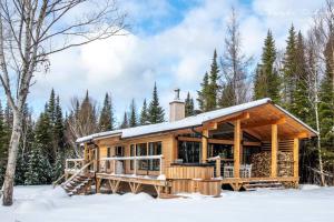 a log cabin in the woods in the snow at Chalet Makabane -Spa- foyer - billard - Slow life in La Malbaie