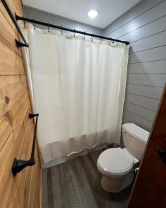 a bathroom with a toilet and a shower curtain at Limestone Lodge in Sabetha