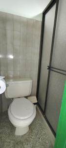a bathroom with a white toilet and a shower at Hotel Casa Verde Guatapé in Guatapé