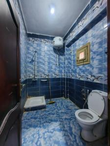 a blue tiled bathroom with a toilet and a shower at kelany home in Siwa