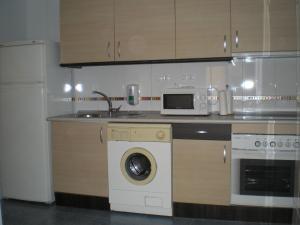 a kitchen with a washing machine and a microwave at Apartamentos Turísticos Reyes Católicos in Zaragoza