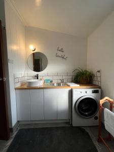 a bathroom with a sink and a washing machine at Little Champ in Bicheno