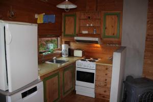 a kitchen with a white refrigerator and a stove at Fjordhytte-41 mit mietbarem 9,9 PS Motorboot am Hardangerfjord in Rosendal