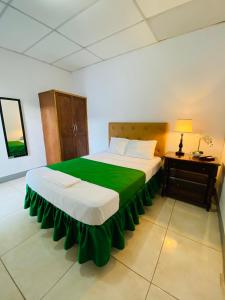 een slaapkamer met een groot bed en een groene deken bij Hostal Pochote in León