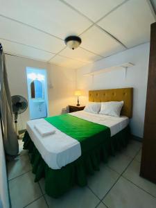 een slaapkamer met een groot bed en een groene deken bij Hostal Pochote in León