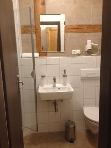 a bathroom with a sink and a toilet and a mirror at Old Town Guesthouse Erlangen in Erlangen