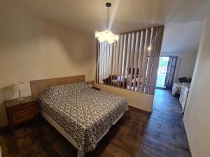 1 dormitorio con cama y lámpara de araña en LA CASA DE LA ALEM en La Rioja