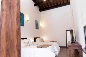 1 dormitorio con 2 camas y TV. en La Casona de Josefa, en Querétaro