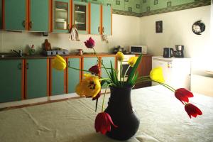 um vaso com flores sentado numa mesa na cozinha em STONE GARDEN 2 em Liepāja
