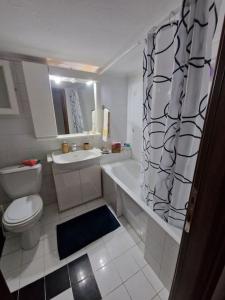 a bathroom with a toilet and a shower curtain at Efchi city center apartment in Katerini