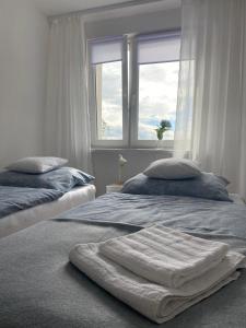 1 dormitorio con 2 camas y ventana en Apartament Kasia en Wałbrzych