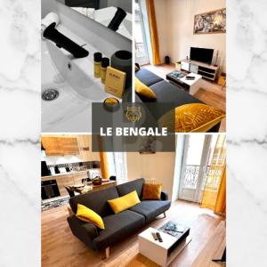 een collage van foto's van een woonkamer met een bank bij Bengale - T2 complétement rénové tout confort in Vichy