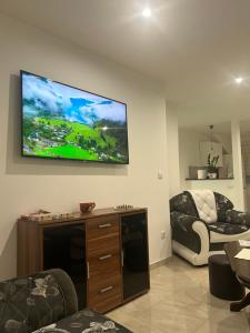 Apartman Diamond Lux في Surčin: غرفة معيشة مع تلفزيون بشاشة مسطحة على الحائط