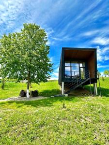 une petite maison avec un arbre dans un champ dans l'établissement NOIA Loft, à Piatra Neamţ