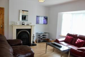 a living room with a couch and a fireplace at Mount Leinster View in Bunclody