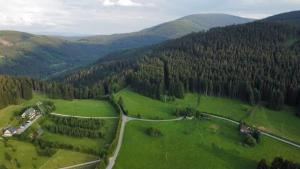 uma vista aérea de uma estrada num campo verde em Gościniec Janowa Góra em Stronie Śląskie