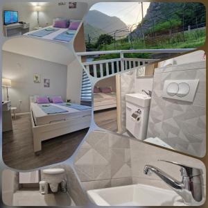 un collage de tres fotos de una habitación con 2 camas en Visit Drežnica, en Mostar