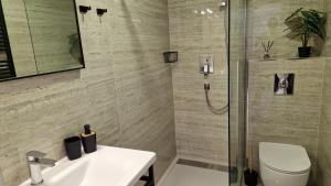 a bathroom with a shower and a toilet and a sink at Apartments Mediteraneo in Zaboric +22 photos