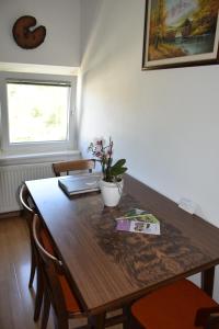 Una mesa de comedor con una planta en maceta encima. en Apartma narava, en Begunje pri Cerknici