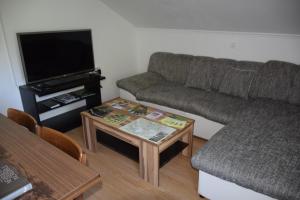 uma sala de estar com um sofá e uma mesa de centro em Apartma narava em Begunje pri Cerknici
