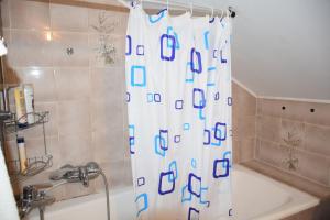 a shower curtain in a bathroom with a tub at Turistična kmetija Pri studencu in Begunje pri Cerknici +51 photos