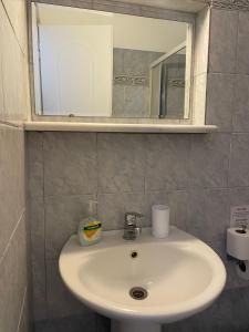 a bathroom with a white sink and a mirror at Elpis Rooms in Mylopotas