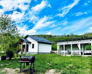 a barbecue grill in front of a white house at NOIA Caban in Piatra Neamţ