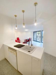 uma cozinha branca com um lavatório e cadeiras vermelhas em Appartement d'une chambre avec jardin amenage et wifi a Ampuis em Ampuis