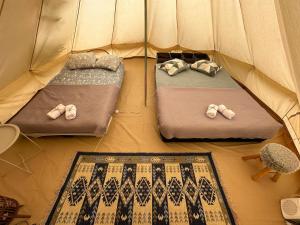 two beds in a tent with baby clothes at Glamping Cisnadioara in Cisnădioara