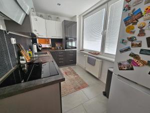 a kitchen with a refrigerator and a counter top at Apartmán Pohoda in Martin