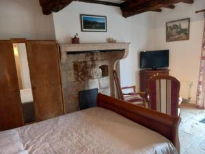 a bedroom with a fireplace and a bed and a tv at Maison studio village médiéval in Mont-Saint-Jean