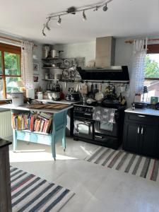 uma cozinha com um fogão e uma mesa em Evis Cottage em Wertheim