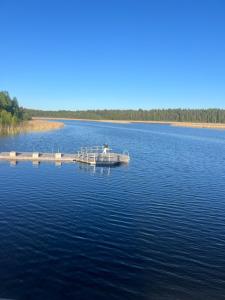 a boat on a dock in the middle of a lake at Janune Kägu in Koeru