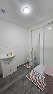 a bathroom with a toilet and a sink at Double Bedroom with private bathroom and shared kitchen in Oldbury
