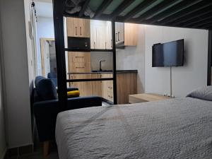 a bedroom with a bed and a flat screen tv at Triana75 in Seville