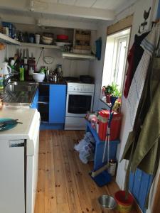 a kitchen with blue cabinets and a wooden floor at Fiskerhus m sjel Lofot-midnattsolas beste utsikt in Bøstad