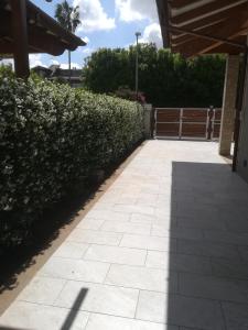 a walkway in front of a hedge with a shadow at Alloggio Turistico Castel di Leva in Castel di Leva
