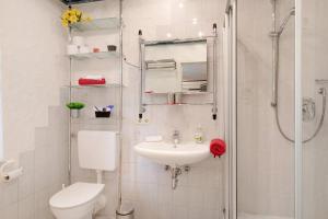 a bathroom with a toilet and a sink and a shower at Stumpp´s Appartement in Heroldstatt