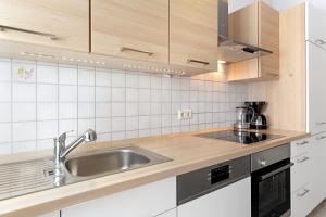 - une cuisine avec un évier en acier inoxydable et des placards en bois dans l'établissement Ferienwohnung Faisst, à Kappel-Grafenhausen