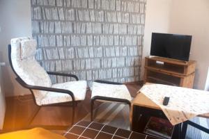 a living room with a chair and a tv at Ferienwohnung Burgblick in Hausach