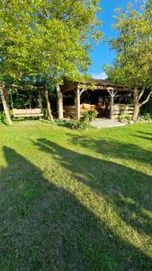 a tree shadow on the grass in front of a building at Zefirek in Stegna +17 photos