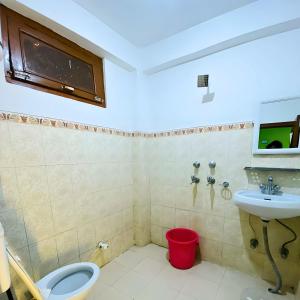 La salle de bains est pourvue de toilettes et d'un lavabo. dans l'établissement Madana Inn Manali, à Manali
