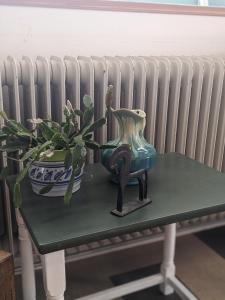 uma mesa com dois vasos em cima de um radiador em Hotel De Gravin van Vorden em Vorden