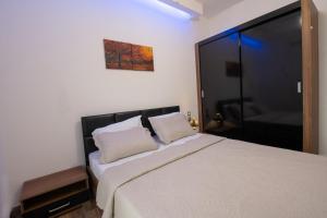 塞薩羅尼基的住宿－Thessaloniki Luxe Suite, Achilles' Private Getaway，一间卧室配有一张带两个白色枕头的大床