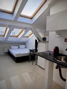 a room with a bed and a kitchen with skylights at Apartamenty Hoża Attic Studio in Warsaw