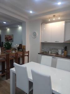 a kitchen with white cabinets and a table and chairs at Mandarina lux apartments in Kneževac