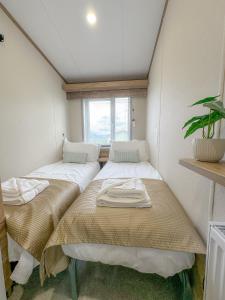 two beds in a small room with a plant at Serena Holiday Caravan in Bassenthwaite
