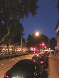 Una fila de autos estacionados en una calle por la noche en Paradiesisch Wohnen Wiesbaden, en Wiesbaden