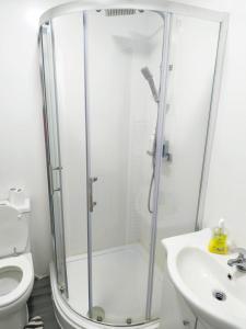 a bathroom with a shower and a toilet and a sink at Lovely Bedroom with Free parking in Walsall